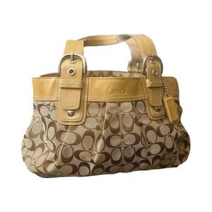 Coach Ergo Signature Pleated Tote Bag Khaki Gold Canvas Leather F13742